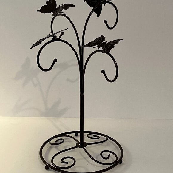Brown Metal Butterfly Jewelry Holder Stand on Pedestal 13" Tall with 4 Hangers - Picture 1 of 8